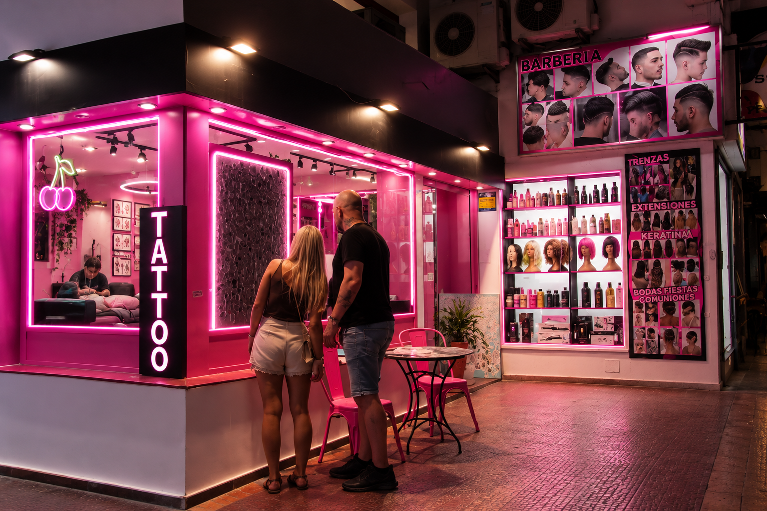 Pink Shadow tattoo studio storefront at night in Ibiza, glowing with hot-pink neon, the illuminated TATTOO sign and two customers outside