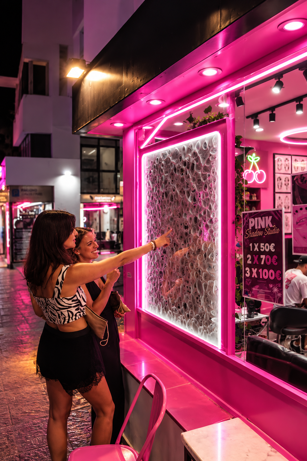 Two women looking at the tattoo display in the pink neon window of Pink Shadow studio in Ibiza