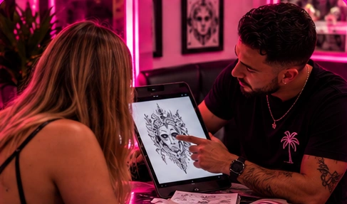 Tattoo artist discussing a design with a client on a digital tablet