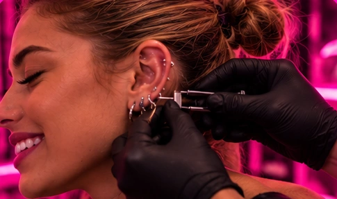 Close-up of a professional wearing gloves performing an ear piercing